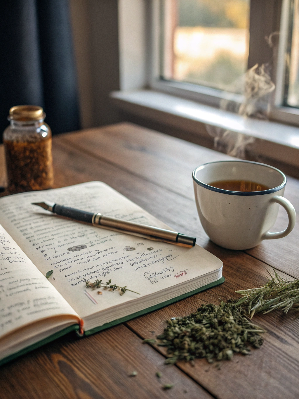 Cozy journal and warm cup of tea in a sunlit reading nook