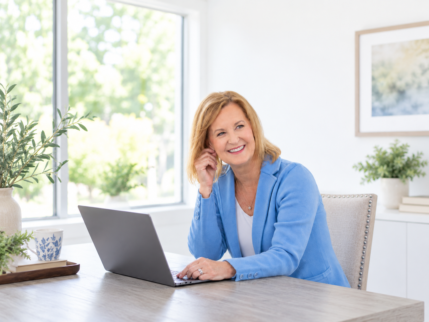 Confident woman in a warm rose top in soft midcentury lighting