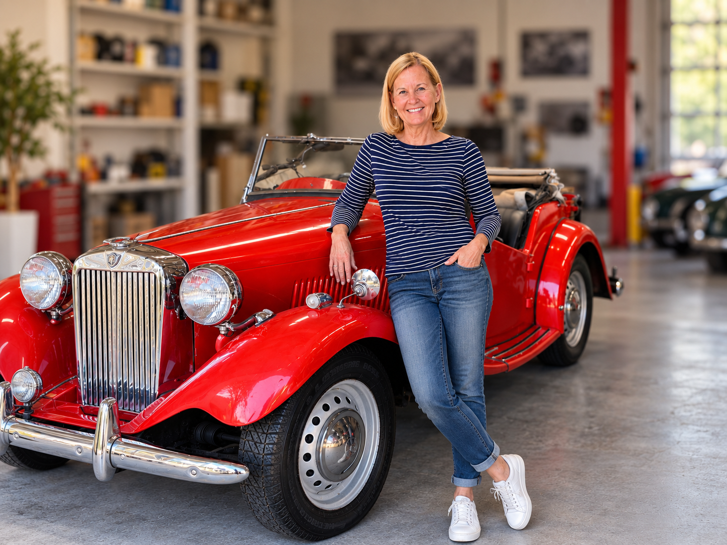 Woman standing beside a red car with softened warm background